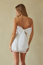 Sequin Pearl Embroidered Strapless Tulle Bow Mini Dress – Glamorous Bridesmaid Wedding Guest Party Outfit