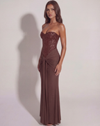 Plum Embellished Mesh Strapless Maxi Gown – Black Tie Wedding Guest Dress