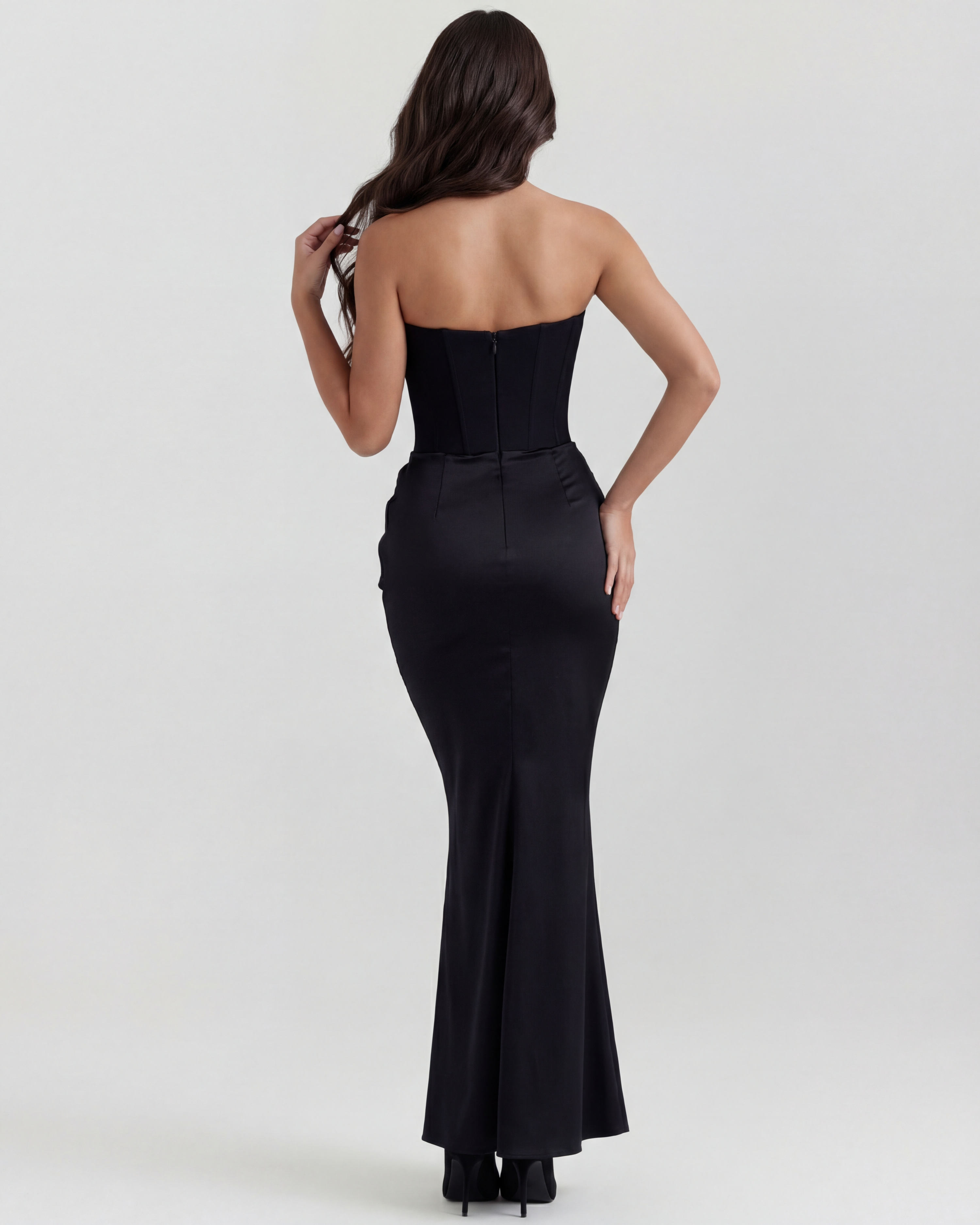 Black Boned Corset Crepe Long Gown – Glamorous Wedding Guest Formal Dress