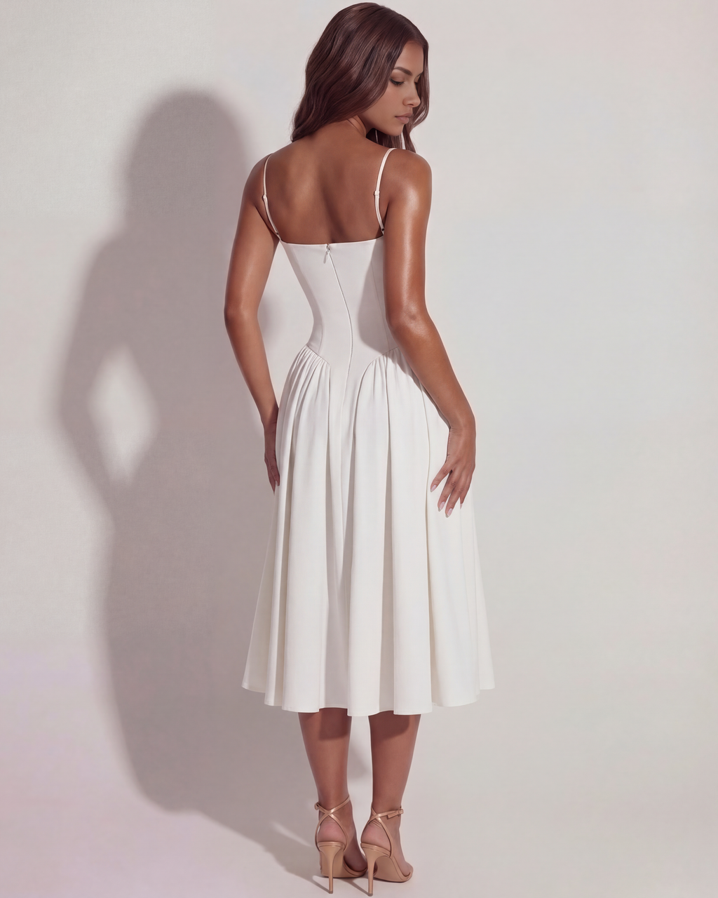 White Boned Sweetheart Twill Midi Dress with Pockets – Summer Wedding Guest Garden Party Gown
