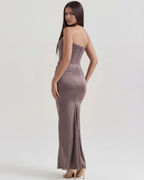 Burgundy Boned Corset Crepe Long Gown – Glamorous Wedding Guest Formal Dress