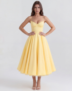 Buttergelbes Satin-Tüll-Midi-Kleid mit Korsett-Oberteil und Taschen – Frühlings-Hochzeitsgast-Kleid