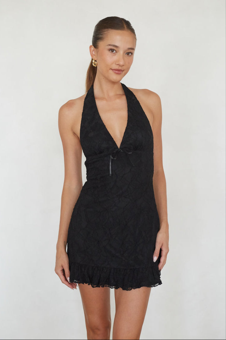 Lace Halter Ruffle Mini Dress – Graduation Party Dress & Summer Gown