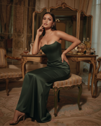 Forest Green Boned Corset Crepe Maxi Dress – Cinched Waist Formal Wedding Guest Gown