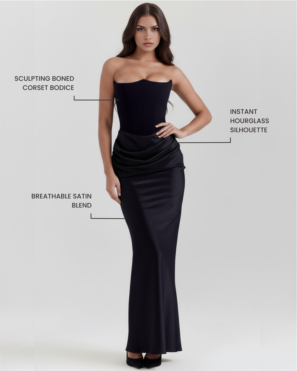 Black Boned Corset Crepe Long Gown – Glamorous Wedding Guest Formal Dress