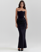 Black Boned Corset Crepe Long Gown – Glamorous Wedding Guest Formal Dress