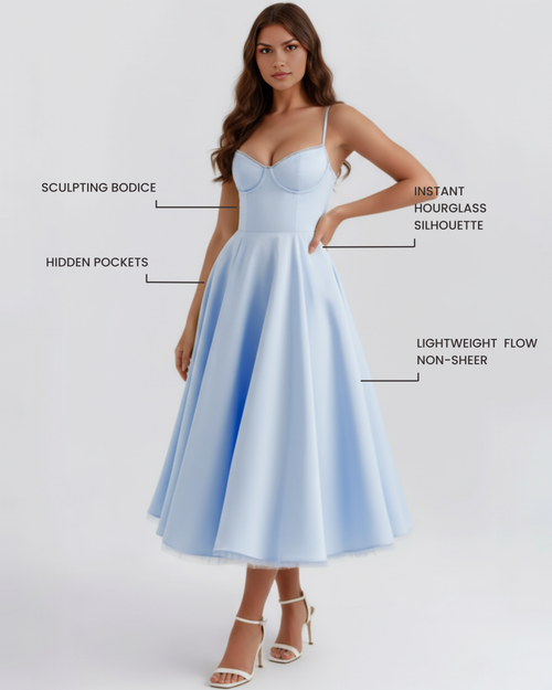Baby Blue Satin Tulle Boned Sweetheart Midi Dress with Pockets – Fairytale Wedding Guest Gown
