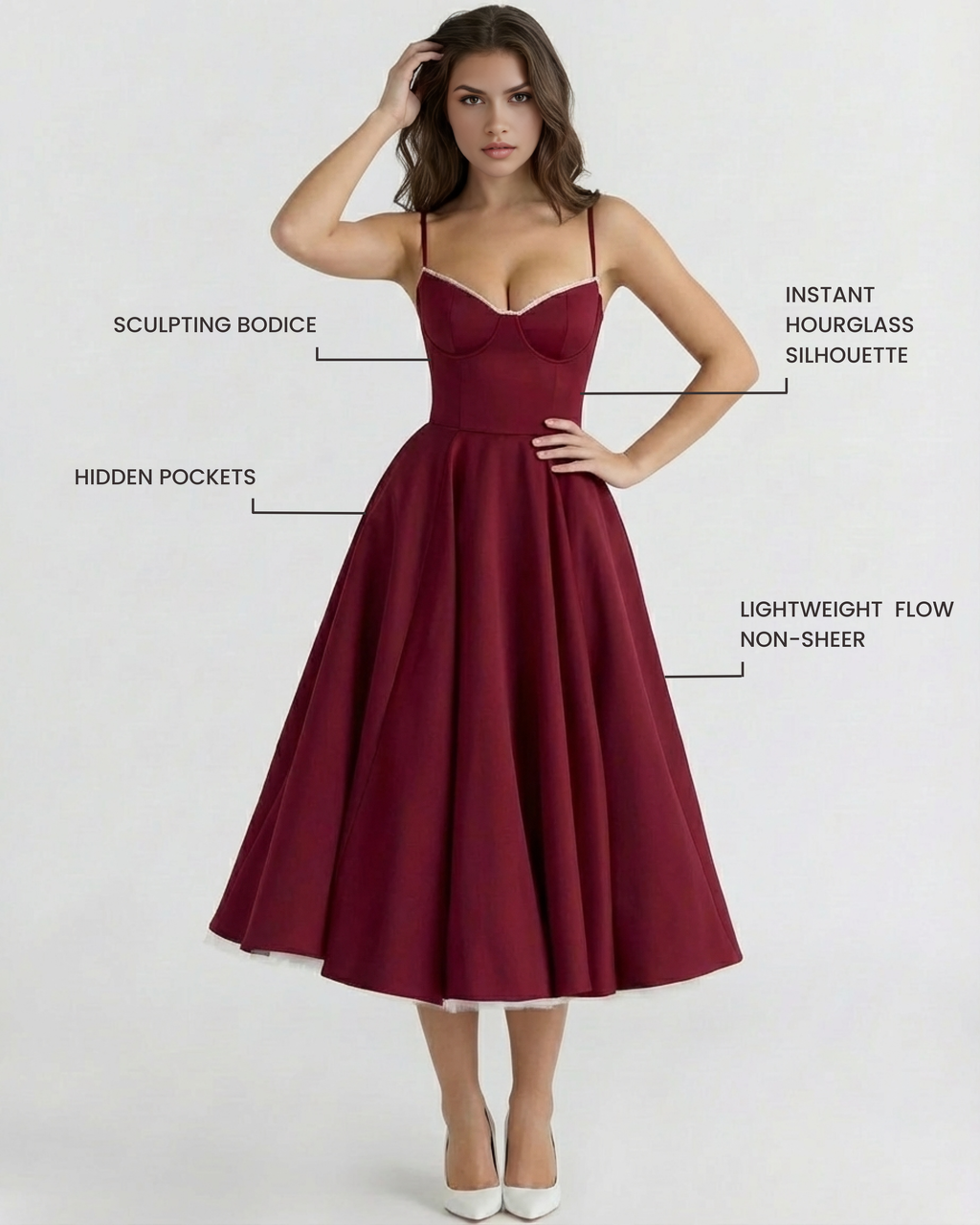 Satin-Feel Sweetheart Midi Dress – Boned Bodice Tulle Skirt Wedding Guest Prom Dress