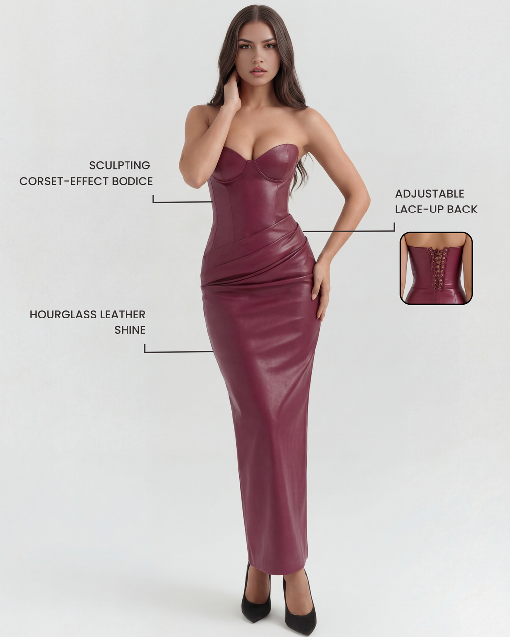 Vegan Leather Strapless Midi Dress – Lace-Up Back Body-Hugging Formal Gown Women
