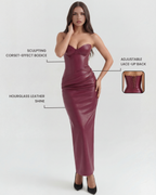 Vegan Leather Strapless Midi Dress – Lace-Up Back Body-Hugging Formal Gown Women