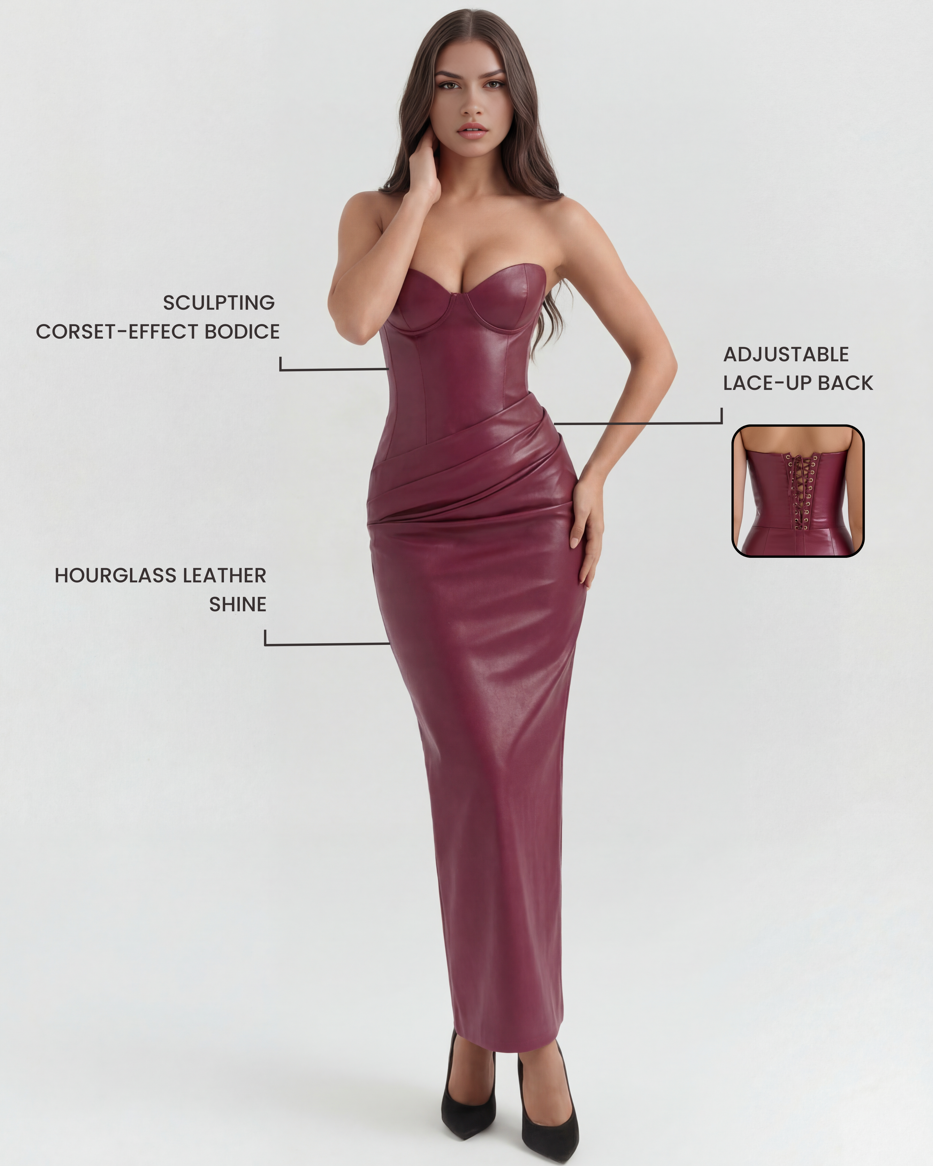 Vegan Leather Strapless Midi Dress – Lace-Up Back Body-Hugging Formal Gown Women