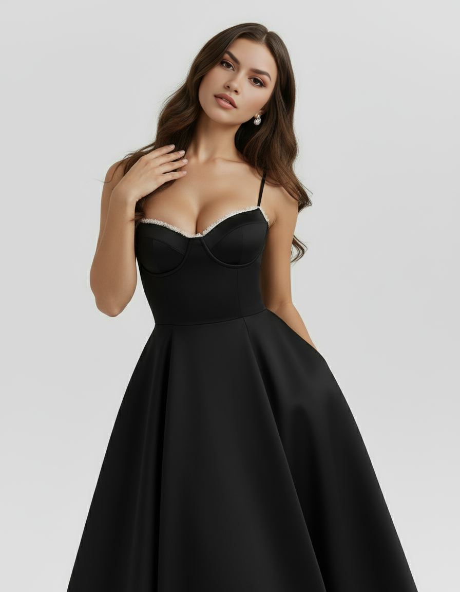 Satin Tulle Boned Sweetheart Midi Dress with Pockets – Fairytale Wedding Guest Gown