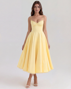 Buttergelbes Satin-Tüll-Midi-Kleid mit Korsett-Oberteil und Taschen – Frühlings-Hochzeitsgast-Kleid