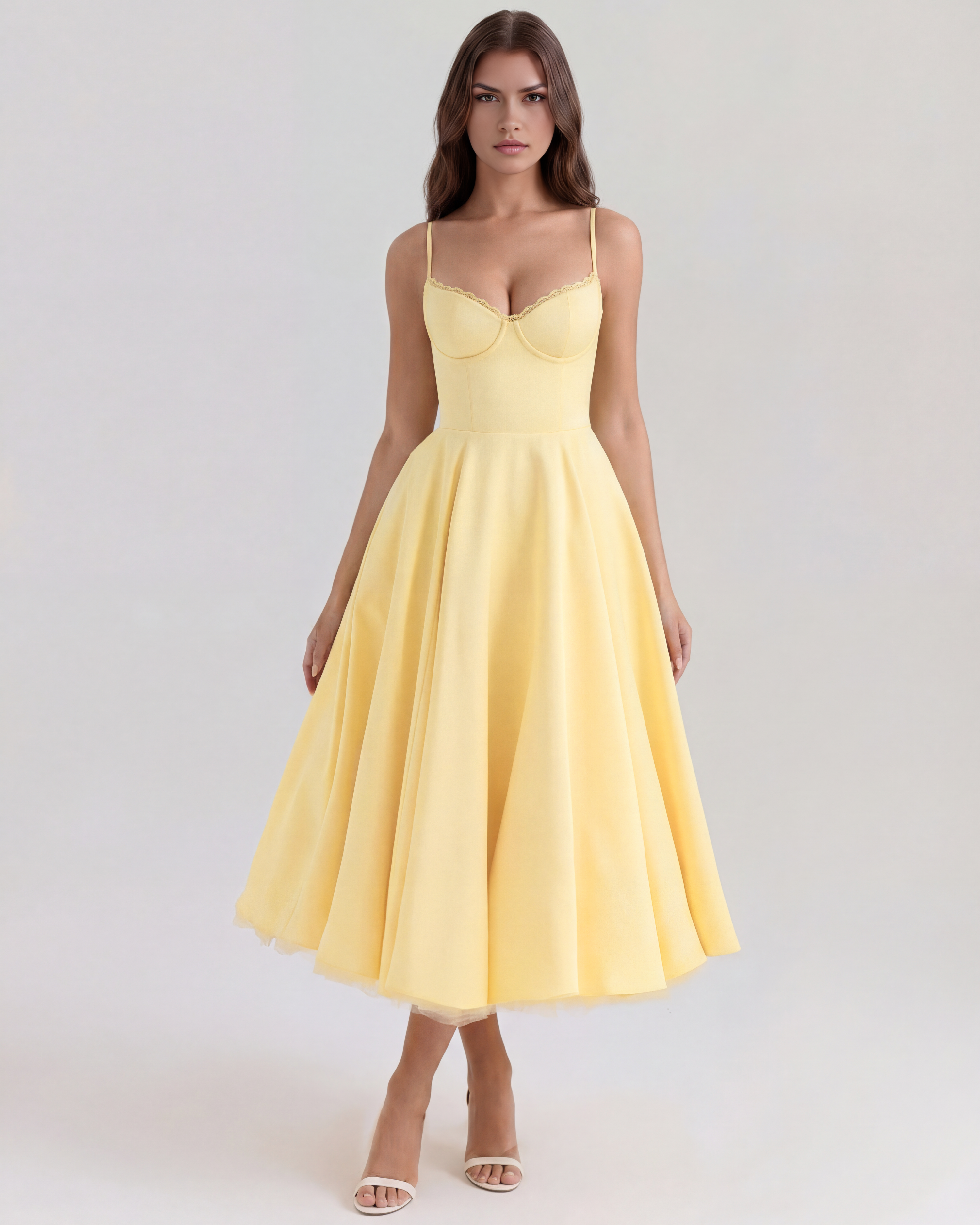 Butter Yellow Satin Tulle Boned Sweetheart Midi Dress with Pockets – Spring Wedding Guest Gown