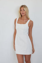 White Cotton Square Neck Ruched Low Back Fit & Flare Mini Dress – Chic Bridesmaid Wedding Guest Outfit
