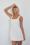 White Cotton Square Neck Ruched Low Back Fit & Flare Mini Dress – Chic Bridesmaid Wedding Guest Outfit