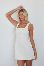 White Cotton Square Neck Ruched Low Back Fit & Flare Mini Dress – Chic Bridesmaid Wedding Guest Outfit