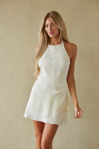 Ivory Halter Bow Ruched Ruffle Mini Dress – Elegant Bridesmaid Bridal Party Outfit