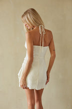 Ivory Halter Bow Ruched Ruffle Mini Dress – Elegant Bridesmaid Bridal Party Outfit
