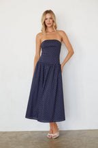 Cotton Polka Dot Strapless Drop Waist Fit & Flare Midi Dress – Chic Bridesmaid Wedding Guest Outfit