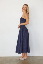 Cotton Polka Dot Strapless Drop Waist Fit & Flare Midi Dress – Chic Bridesmaid Wedding Guest Outfit