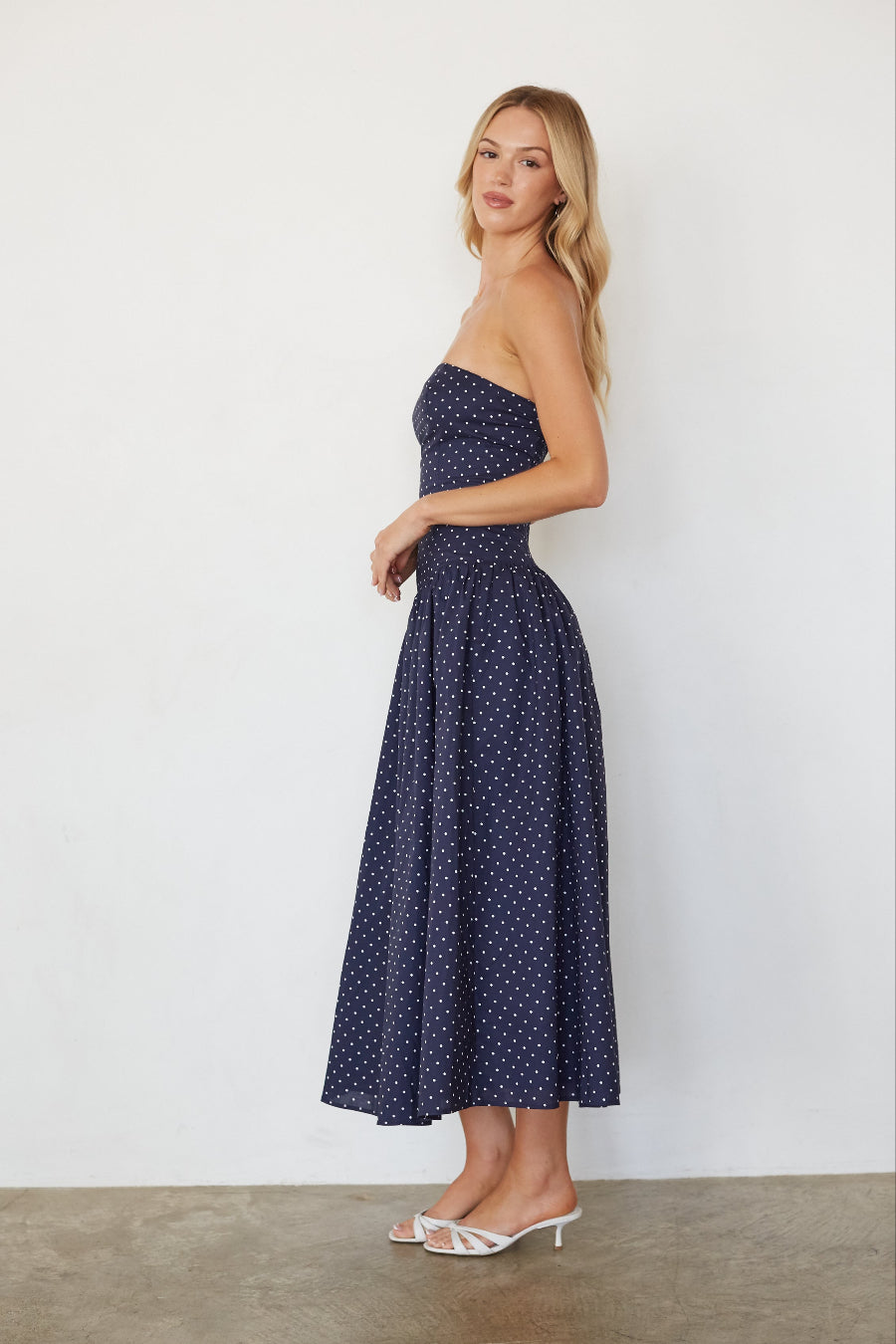 Cotton Polka Dot Strapless Drop Waist Fit & Flare Midi Dress – Chic Bridesmaid Wedding Guest Outfit
