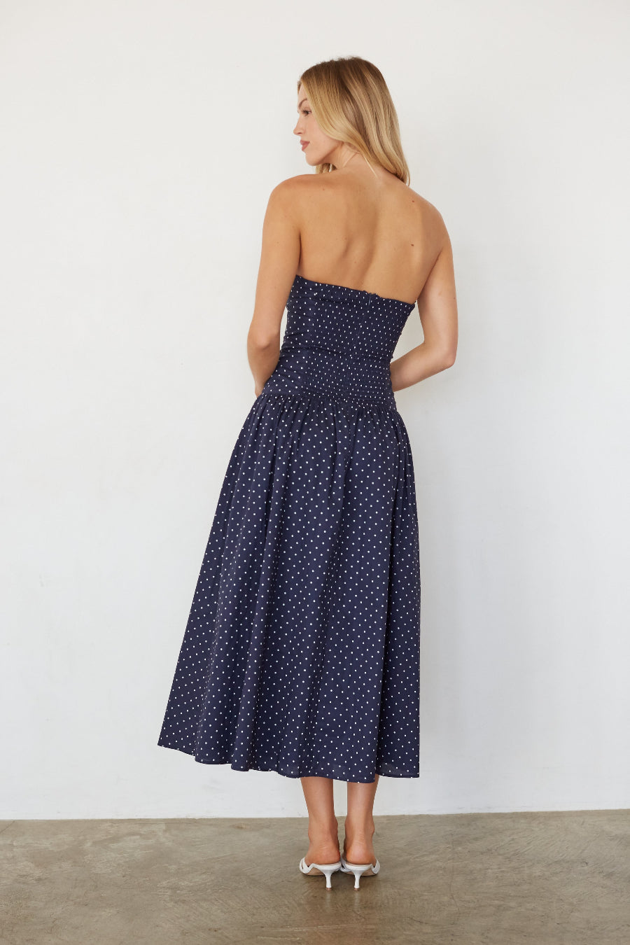 Cotton Polka Dot Strapless Drop Waist Fit & Flare Midi Dress – Chic Bridesmaid Wedding Guest Outfit