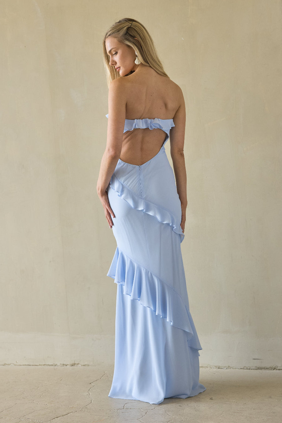 Ruffle Open Back Maxi Dress – Strapless Chiffon Gown & Homecoming Dress