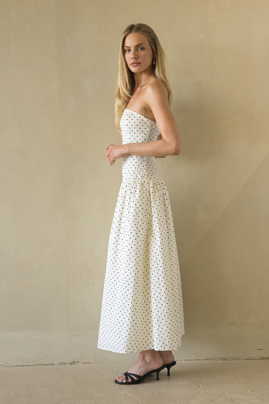 Cotton Polka Dot Strapless Drop Waist Fit & Flare Midi Dress – Chic Bridesmaid Wedding Guest Outfit