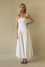 Cotton Polka Dot Strapless Drop Waist Fit & Flare Midi Dress – Chic Bridesmaid Wedding Guest Outfit