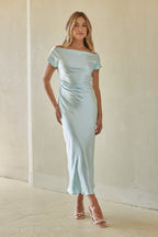 Satin Cowl Midi Dress – Elegant Blue Formal Dress & Evening Gown