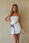 White Strapless A-Line Contrast Trim Waist Tie Mini Dress – Chic Bridesmaid Wedding Guest Outfit