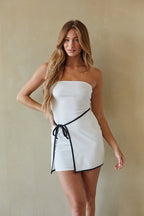 White Strapless A-Line Contrast Trim Waist Tie Mini Dress – Chic Bridesmaid Wedding Guest Outfit
