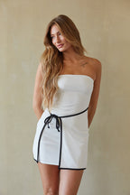 White Strapless A-Line Contrast Trim Waist Tie Mini Dress – Chic Bridesmaid Wedding Guest Outfit