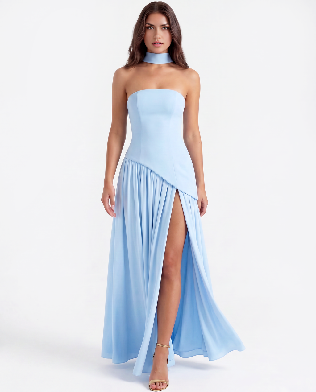 Babyblaues trägerloses Chiffon-Maxikleid mit Schal – Festliches Brautjungfernkleid für eine Frühlingshochzeit