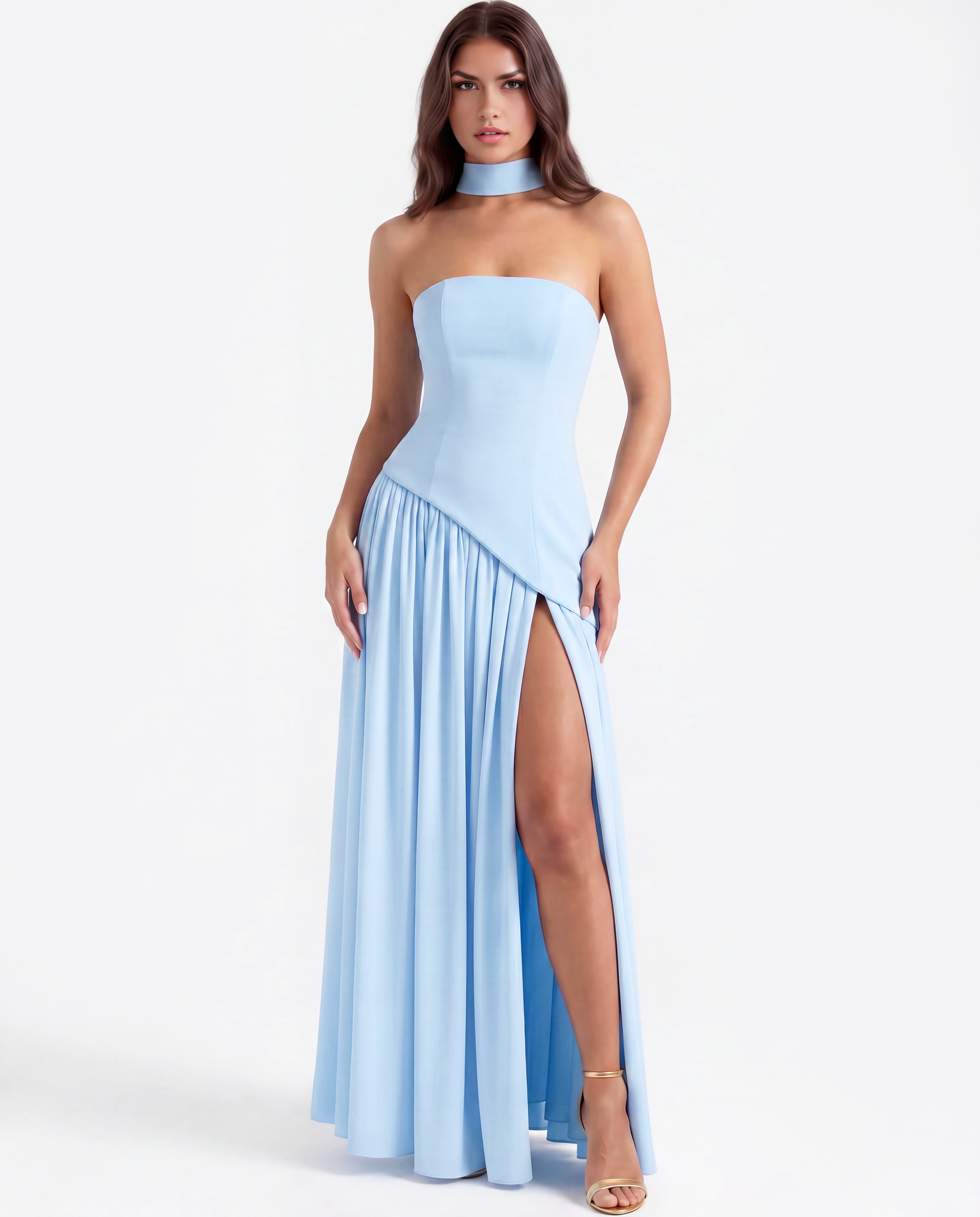 Babyblauw Strapless Chiffon Maxi Avondjurk met Sjaal – Formele Jurk voor Bruiloftsgast in de Lente