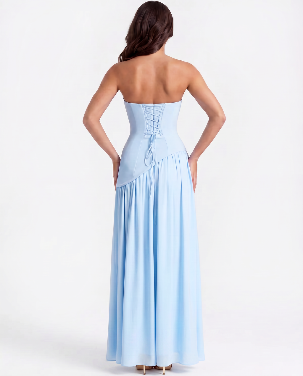 Babyblaues trägerloses Chiffon-Maxikleid mit Schal – Festliches Brautjungfernkleid für eine Frühlingshochzeit