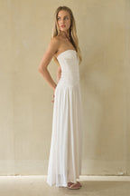 Strapless Sweetheart Ruched Bodice Tea Length Midi Dress – Elegant Bridesmaid Wedding Guest Outfit