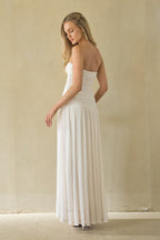 Strapless Sweetheart Ruched Bodice Tea Length Midi Dress – Elegant Bridesmaid Wedding Guest Outfit