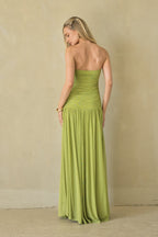 Strapless Sweetheart Ruched Bodice Tea Length Midi Dress – Elegant Bridesmaid Wedding Guest Outfit