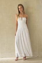Strapless Sweetheart Ruched Bodice Tea Length Midi Dress – Elegant Bridesmaid Wedding Guest Outfit