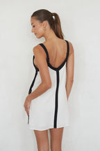 White Linen Rayon V-Neck Shift Mini Dress with Pockets – Chic Bridesmaid Wedding Guest Outfit