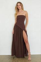 Retta Asymmetrical Maxi Dress – Elegant Blue Brown Formal Maxi Gown