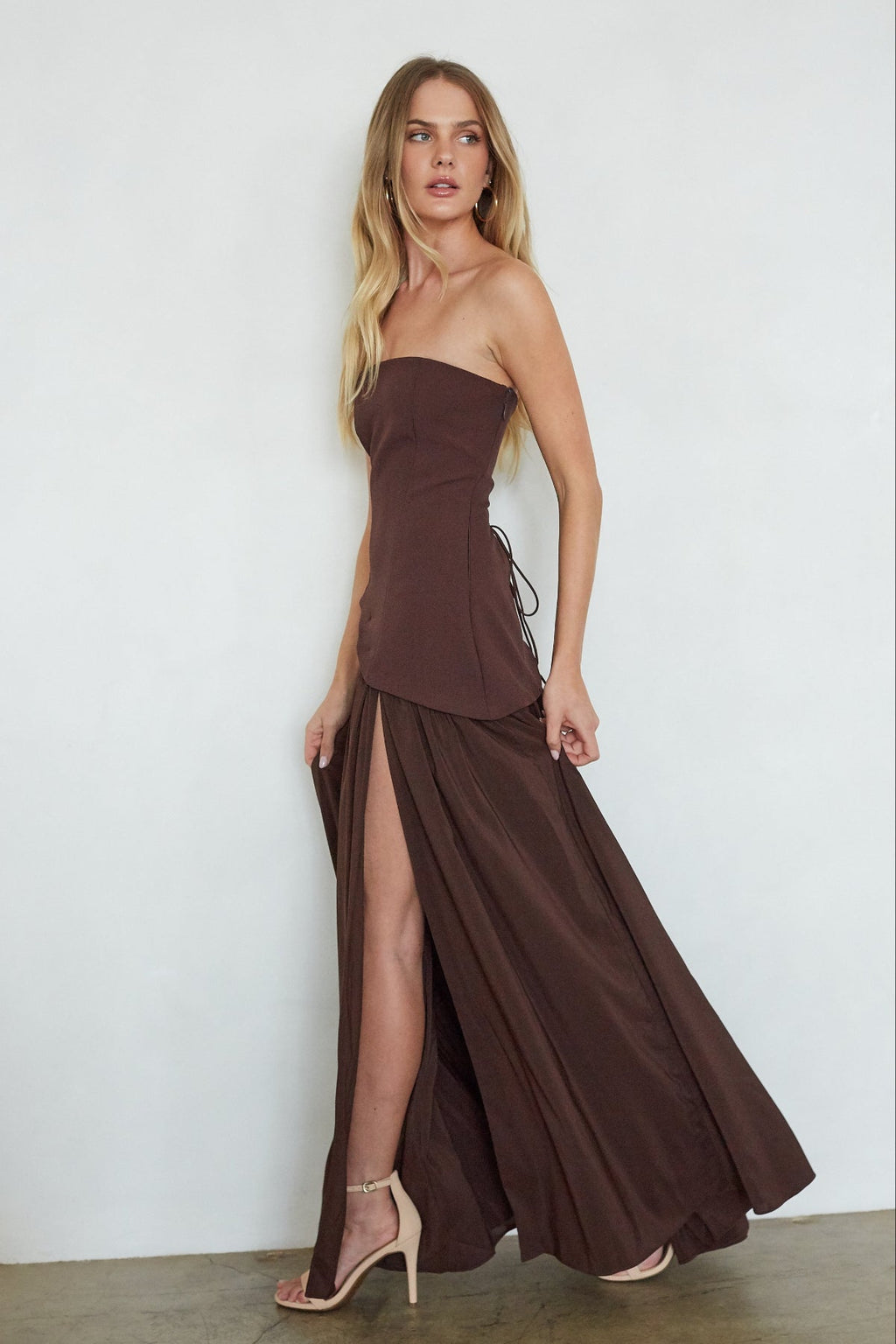 Retta Asymmetrical Maxi Dress – Elegant Blue Brown Formal Maxi Gown