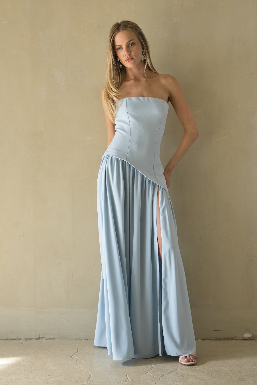 Retta Asymmetrical Maxi Dress – Elegant Blue Brown Formal Maxi Gown