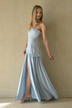 Retta Asymmetrical Maxi Dress – Elegant Blue Brown Formal Maxi Gown