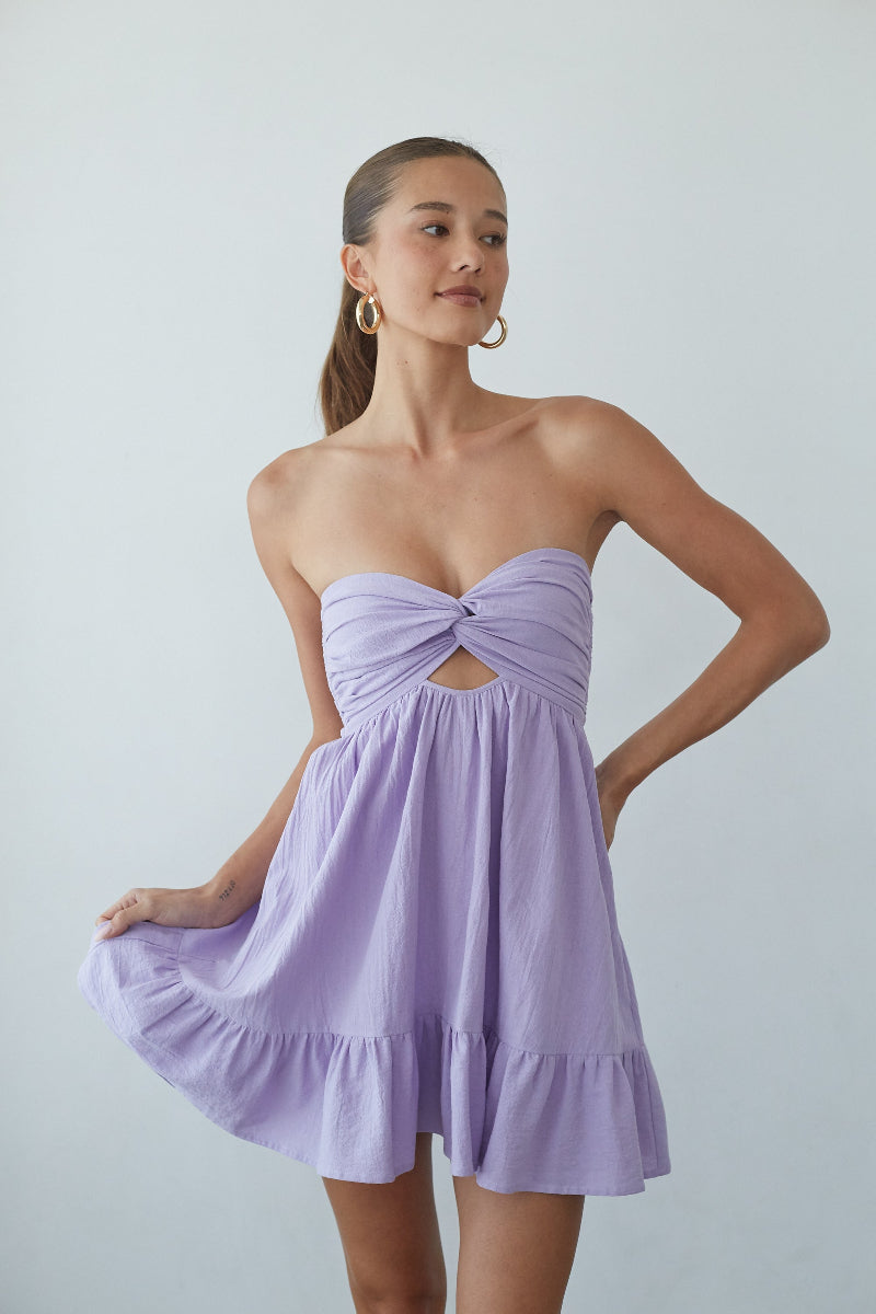 Strapless Twist Front Keyhole Open Back Romper with Built-In Shorts – Chic Bridesmaid Wedding Guest Outfit