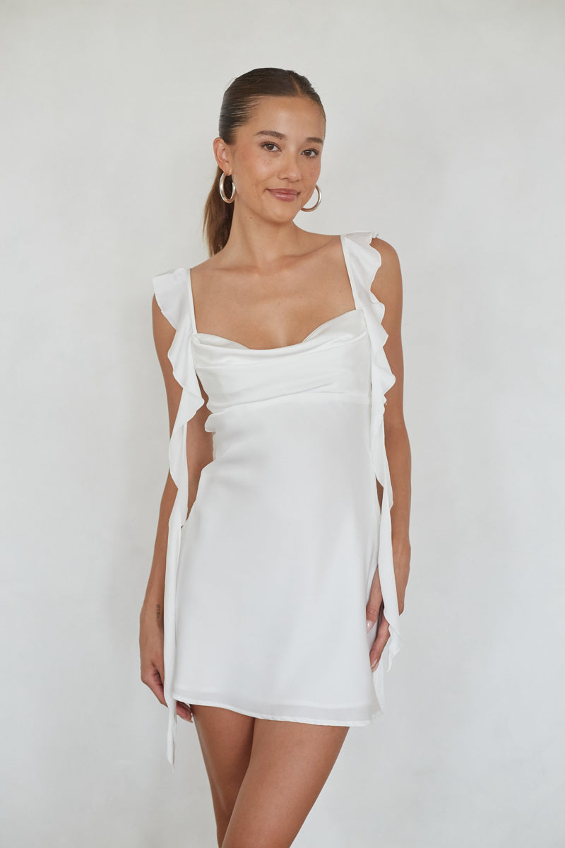 Scheana Ruffle Strap Mini Dress – Flirty White Babydoll Graduation Dress