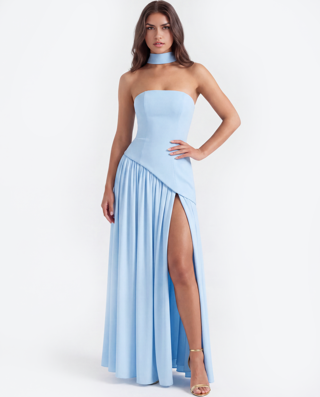 Babyblaues trägerloses Chiffon-Maxikleid mit Schal – Festliches Brautjungfernkleid für eine Frühlingshochzeit