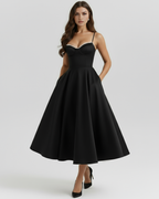 Satin Tulle Boned Sweetheart Midi Dress with Pockets – Fairytale Wedding Guest Gown